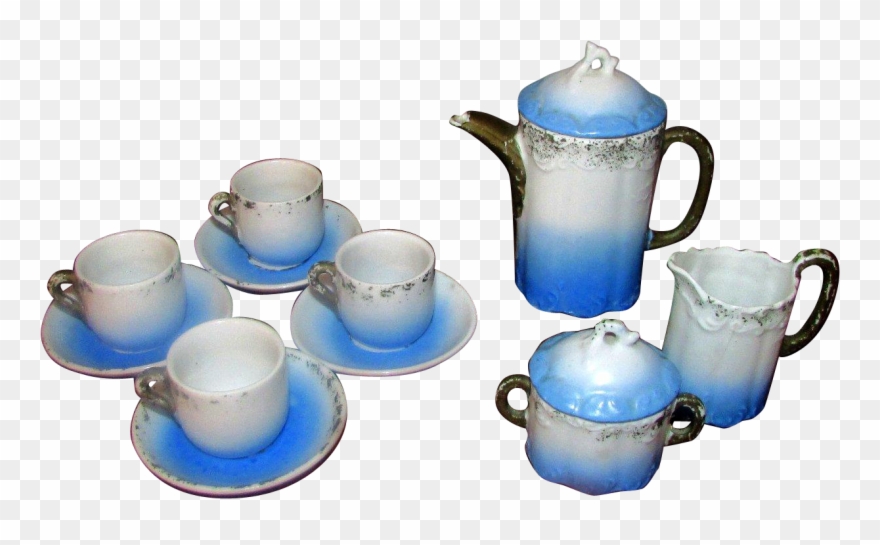 11 Pc Child's Vintage Doll Size China Tea Set Blue - Child Clipart