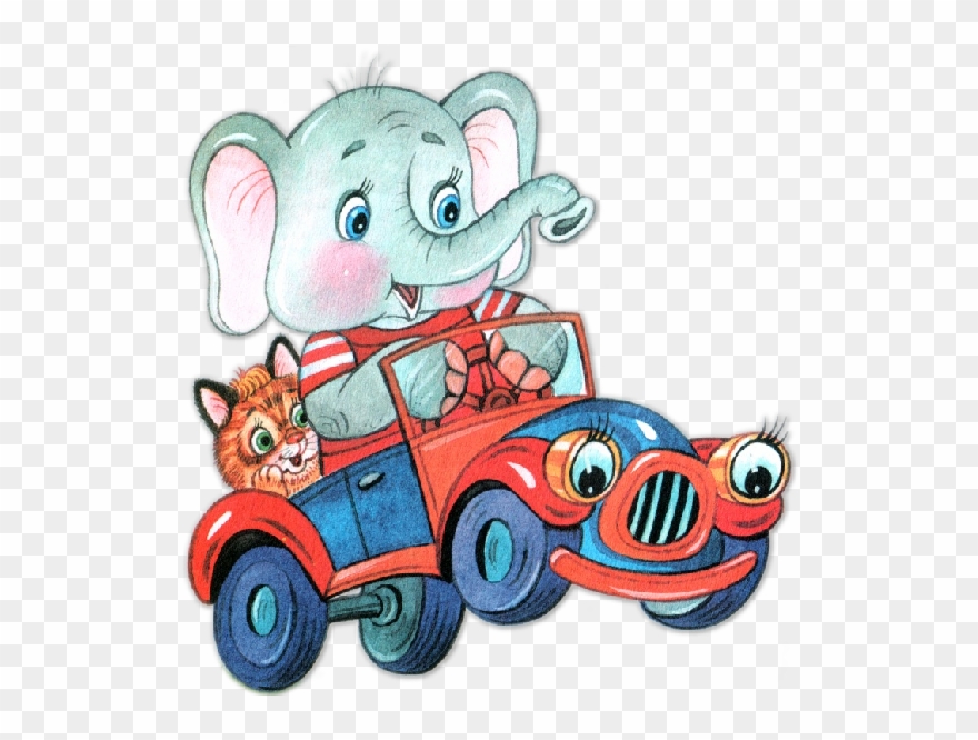 Funny Circus Elephant In Red And Blue Car - Elephant Clipart