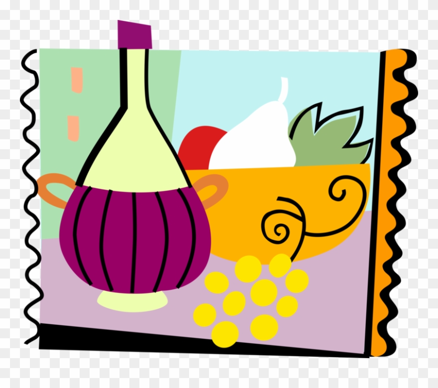 Vector Illustration Of Bottle Of Wine And Fruit Bowl - Clip Art - Png Download