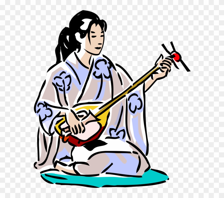 Vector Illustration Of Japanese Geisha In Kimono With - Cartoon Image Of A Boy Playing Sitar Clipart