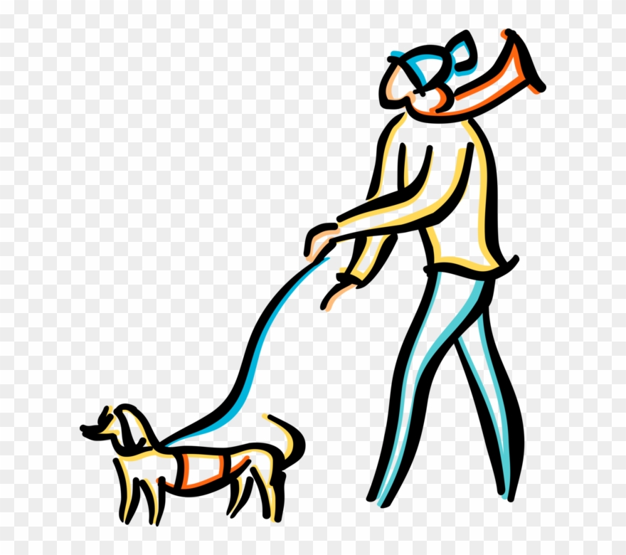 Vector Illustration Of Dog Owner Walks Family Pet Dog - Tur Med Hund Tegning Clipart