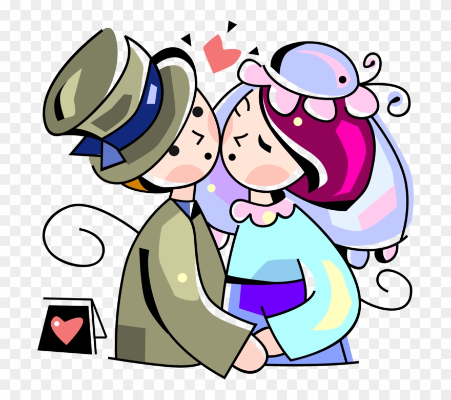 Vector Illustration Of Bride And Groom Exchange Kiss - Postcard Clipart
