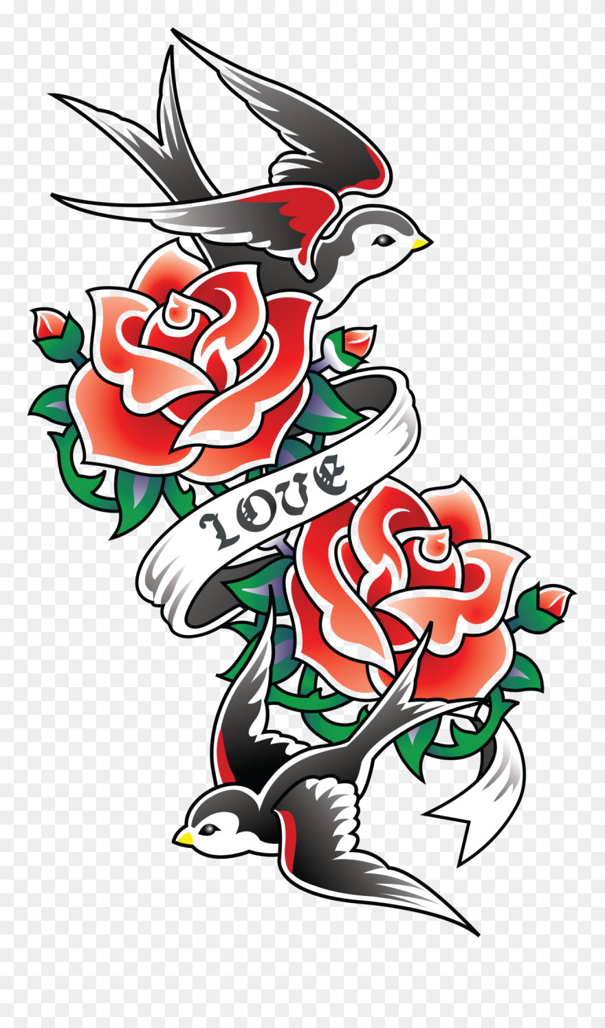 Mq Red Rose Bird Swallow Tattoo - Old School Rose Tattoos Clipart