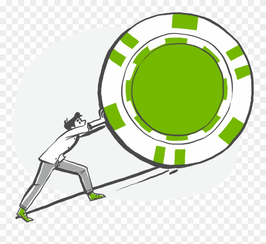 Cartoon Of A Person Pushing A Large Casino Chip Up Clipart
