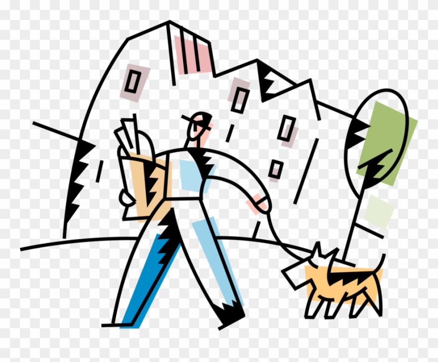 Vector Illustration Of Man Walks Family Pet Dog On Clipart
