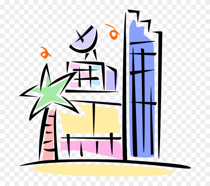 Vector Illustration Of Building With Satellite Dish Clipart