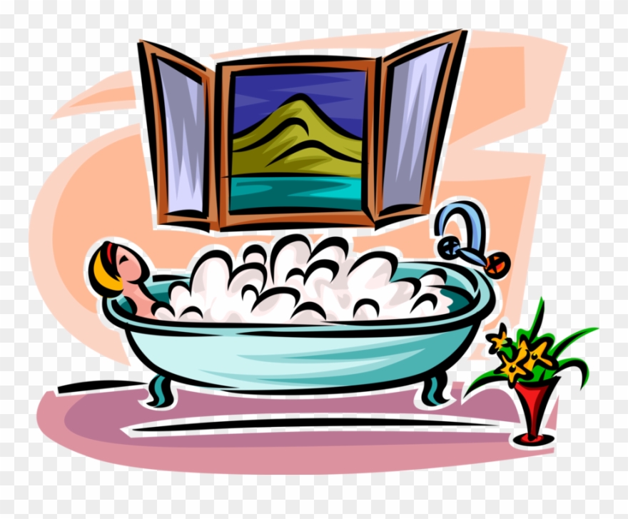 Vector Illustration Of Woman In Bathroom Enjoys Relaxing Clipart