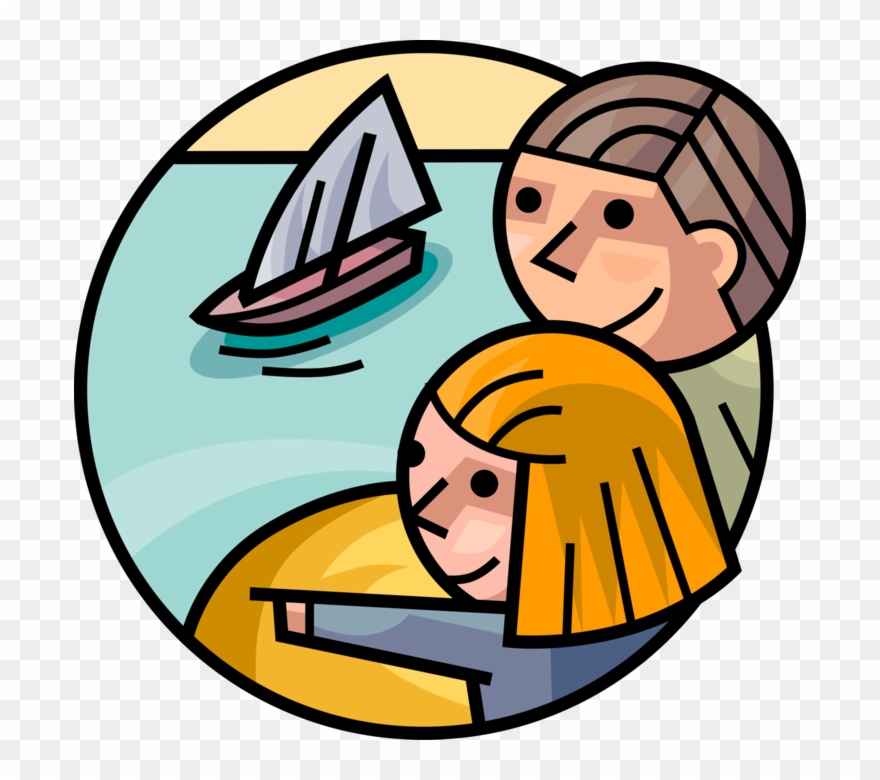 Vector Illustration Of Children Play With Toy Sailboat Clipart