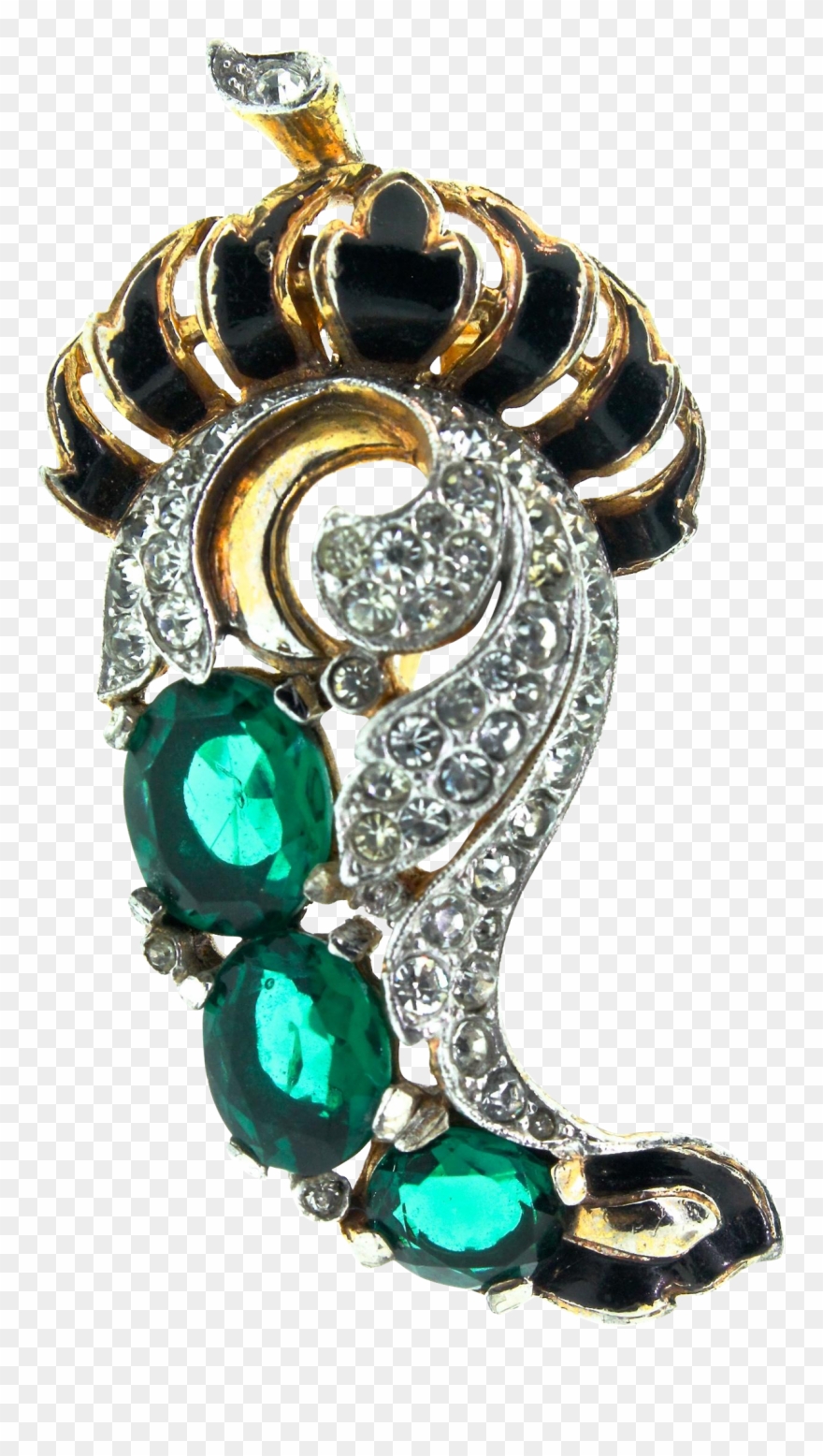 1940s Trifari Cornucopia Enamel Emerald Rhinestone Clipart