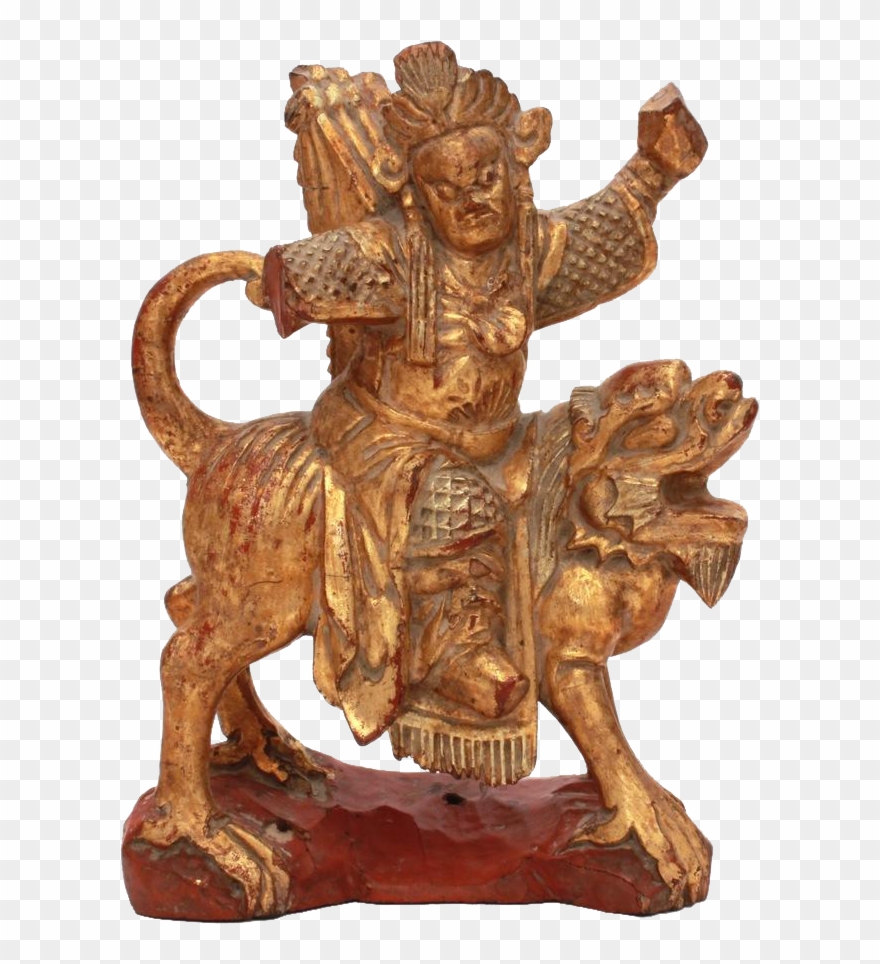 Antique Chinese Wood Warrior On Foo Lion, Hand Carved Clipart