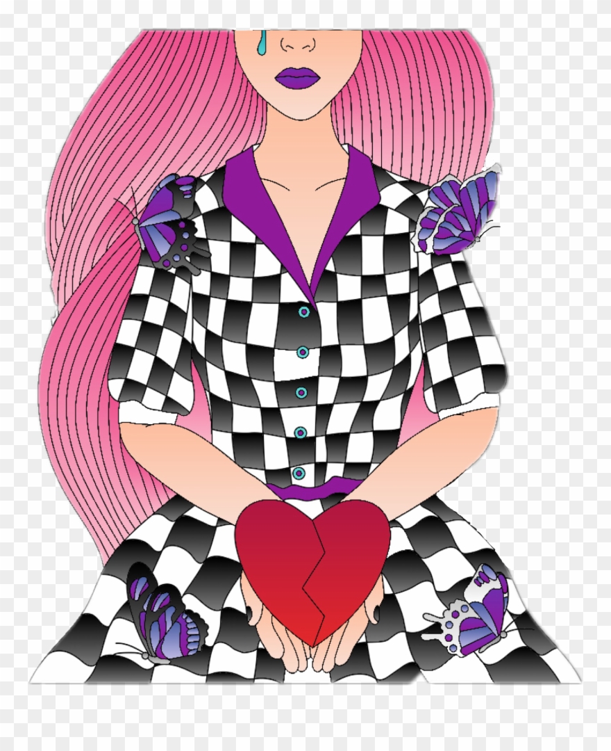 Girl Breakup Cry Butterflies Heart Pink Black White Clipart