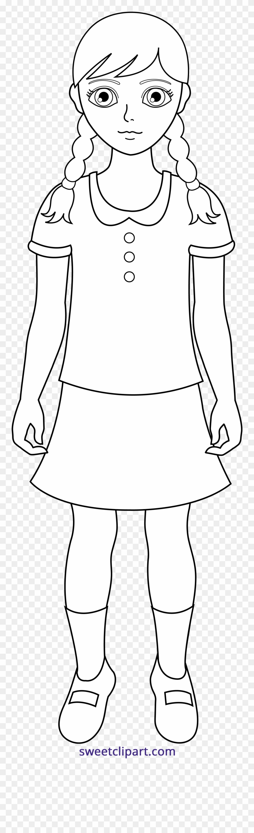 Little Girl With Braids Lineart Clipart - Png Download