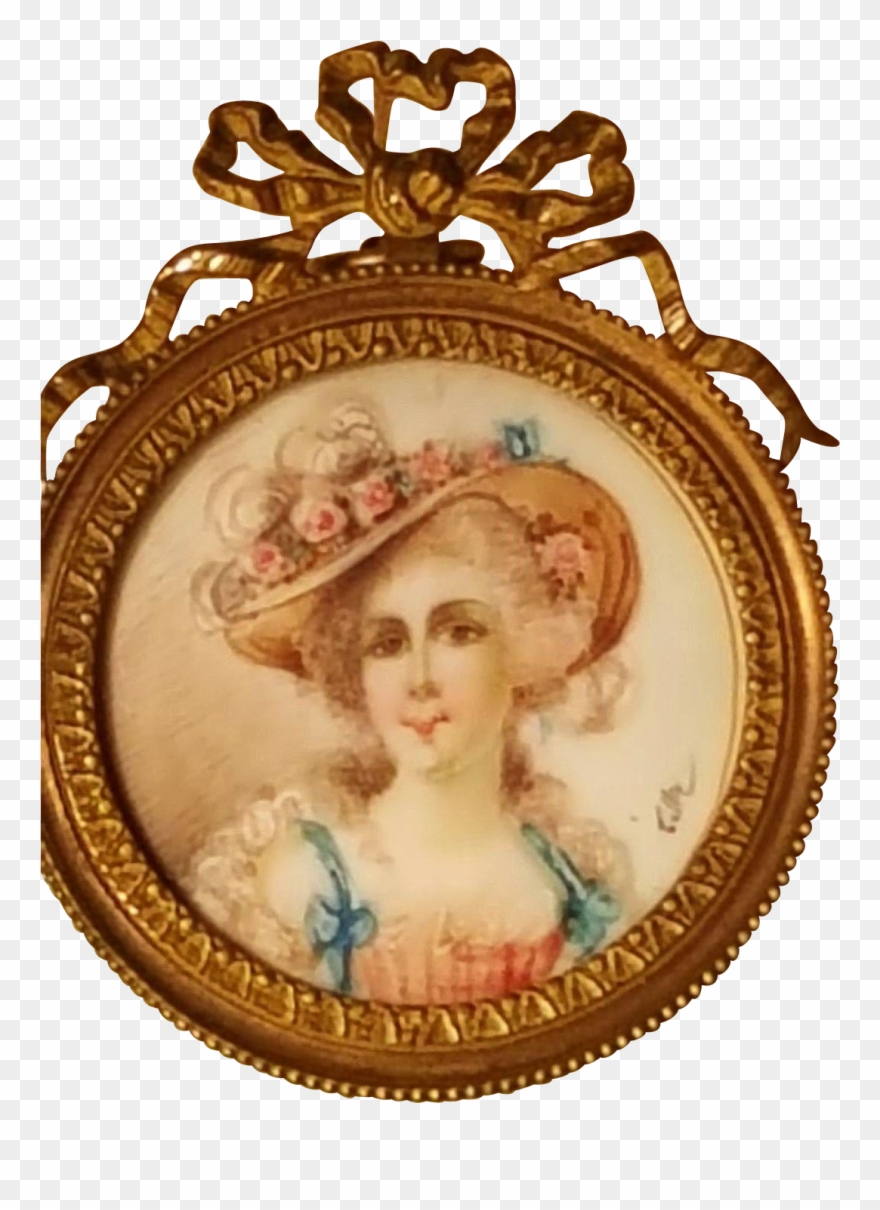 Antique French Small Miniature Signed Portrait W/ Brass Clipart