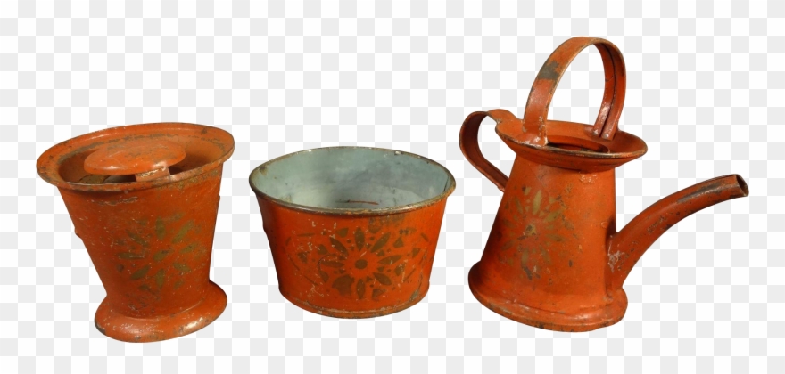 Tin Painted Bucket, Watering Can, And Cuspidor Clipart