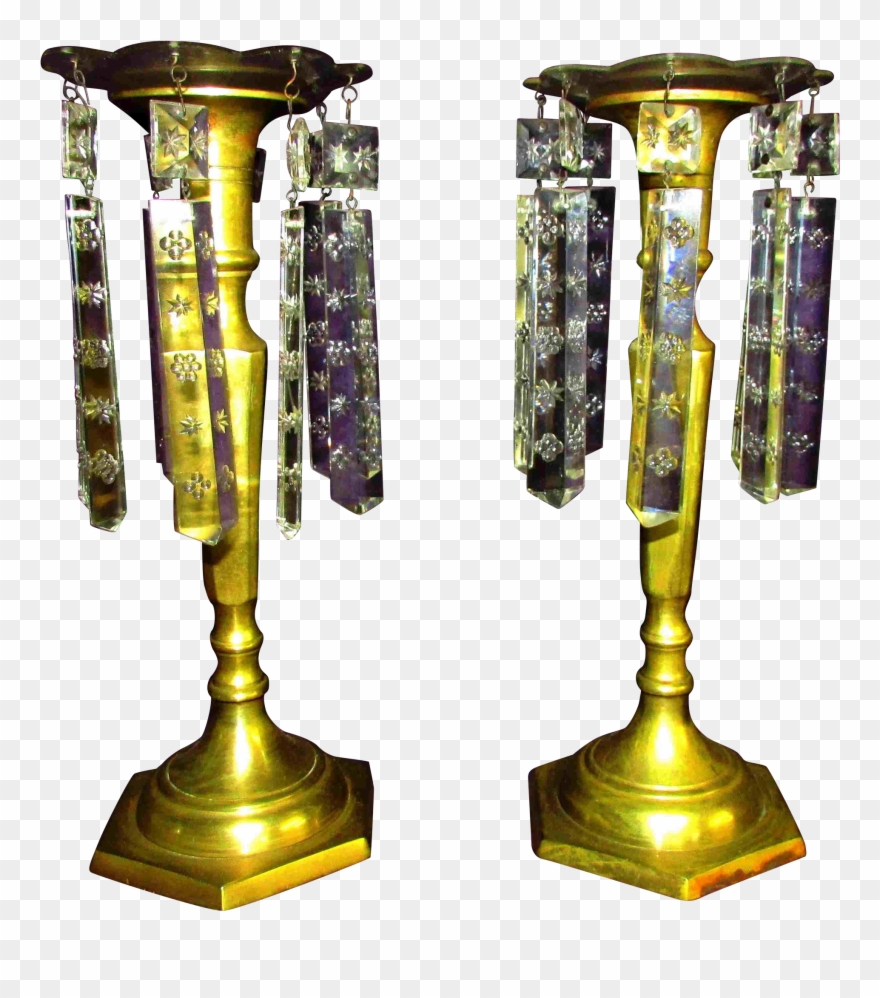 Pr Brass Candlesticks With Square Etched Crystal Drops Clipart