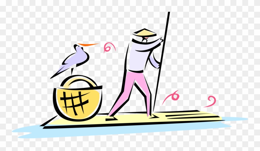 Chinese Fisherman With Cormorant Bird Image Illustration Clipart