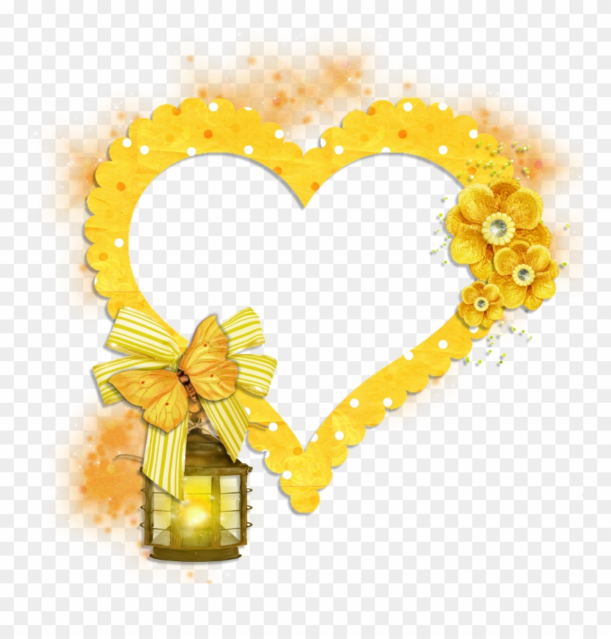 Transparent Frame Yellow Heart With Butterfly Flowers Clipart