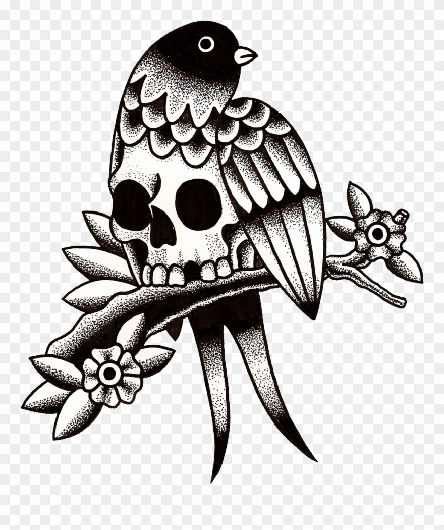 Skull Bird Traditional Tattoo Black And Grey, Traditional Clipart