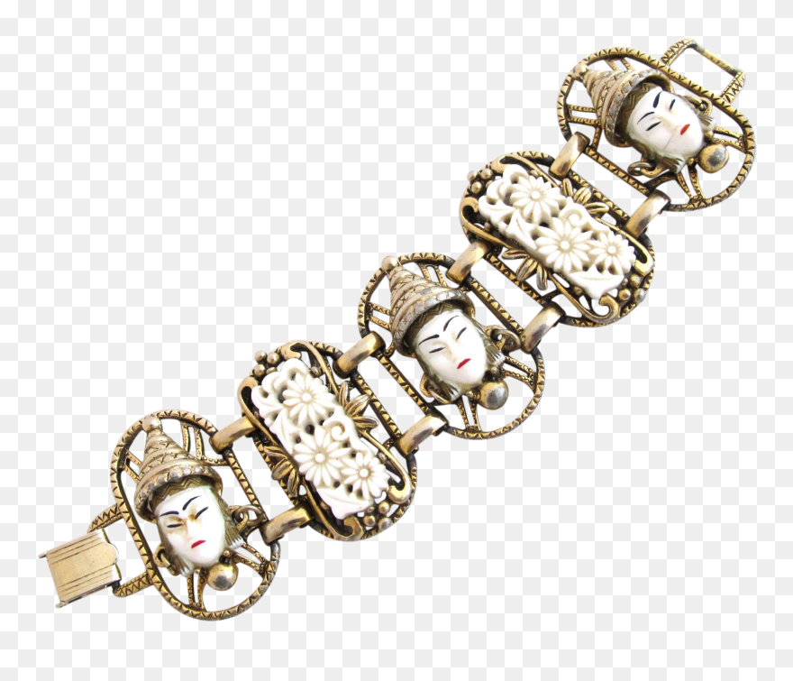 Selro White Okina Noh Mask Gold Tone Choker Necklace Clipart