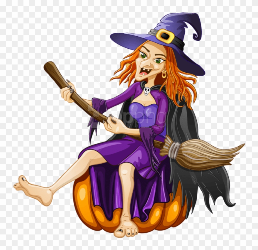 Halloween Witch With Pumpkin Png Clipart - Beautiful Witch On Broomstick And Cat Transparent Png