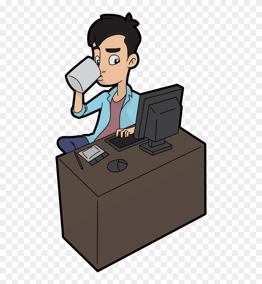 Cartoon Guy Drinks While Using A Computer Clipart