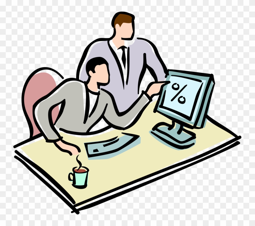 Vector Illustration Of Businessmen At Computer In Business Clipart