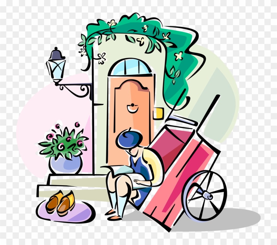 Vector Illustration Of French Boy Reads With Push Cart Clipart
