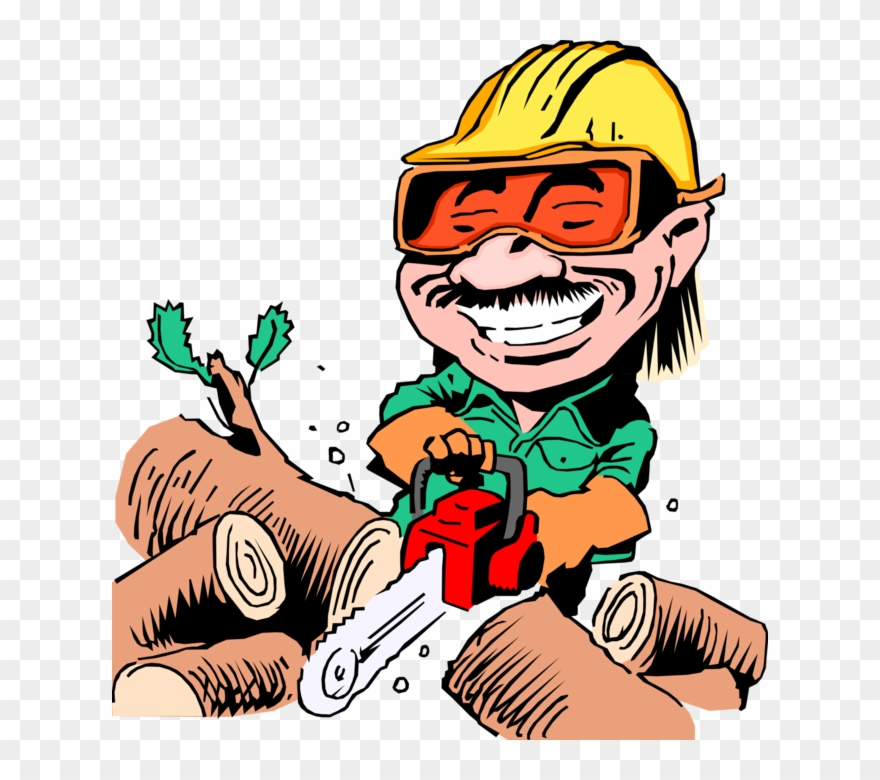 Vector Illustration Of Woodcutter With Chainsaw Cutting Clipart