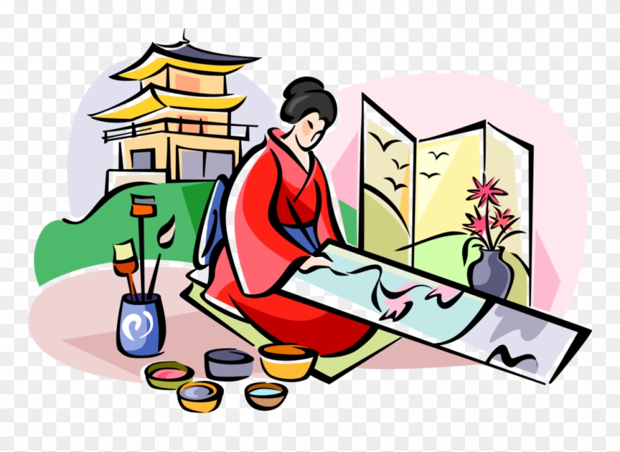 Vector Illustration Of Japanese Artist In Kimono Paints Clipart