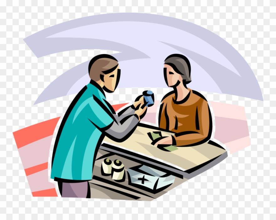 Vector Illustration Of Pharmacist Fills Customer Prescription Clipart