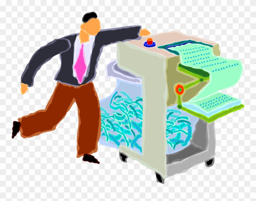 Vector Illustration Of Man Shreds Documents In Office Clipart