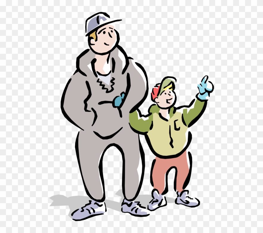 Vector Illustration Of Dad And Son Go For Walk Clipart