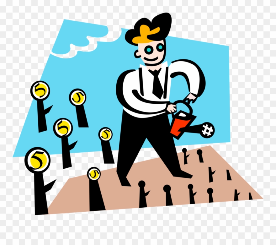 Vector Illustration Of Businessman Watering Money Trees Clipart