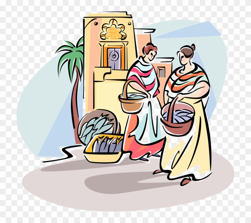 Women Shop In Outdoor Fish Market - Illustration Clipart
