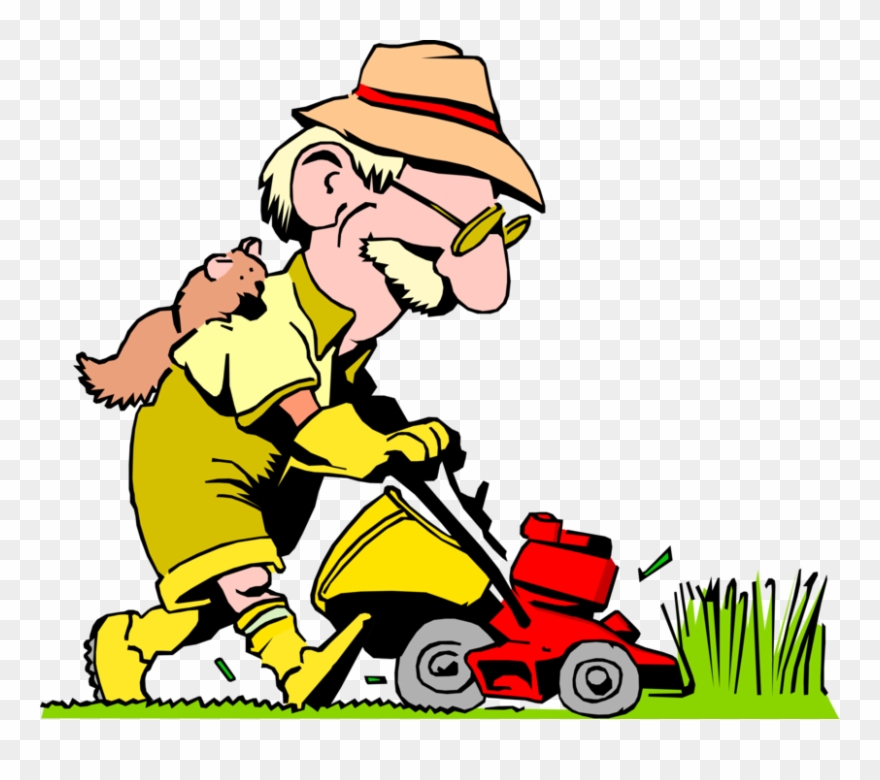Vector Illustration Of Man With Squirrel Mows The Lawn - Old Man Mowing Lawn Cartoon Clipart