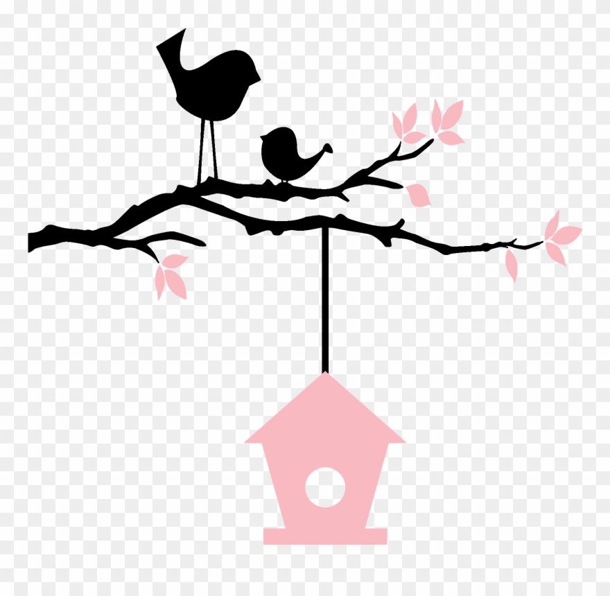 Birds On Branch With Birdhouse Clipart