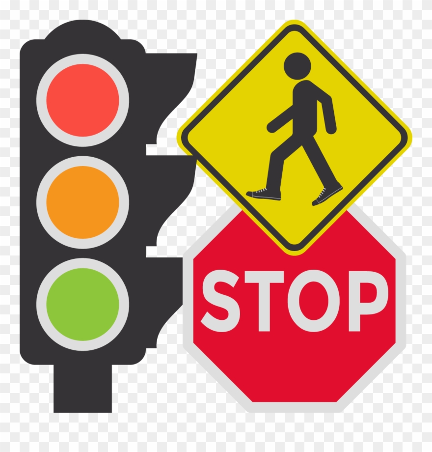 A Traffic Light, A Stop Sign, And A Yield To Pedestrians Clipart