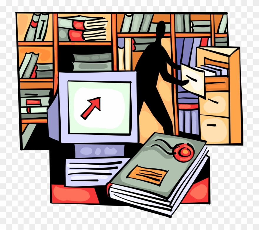 Vector Illustration Of Office Worker Manages Files Clipart