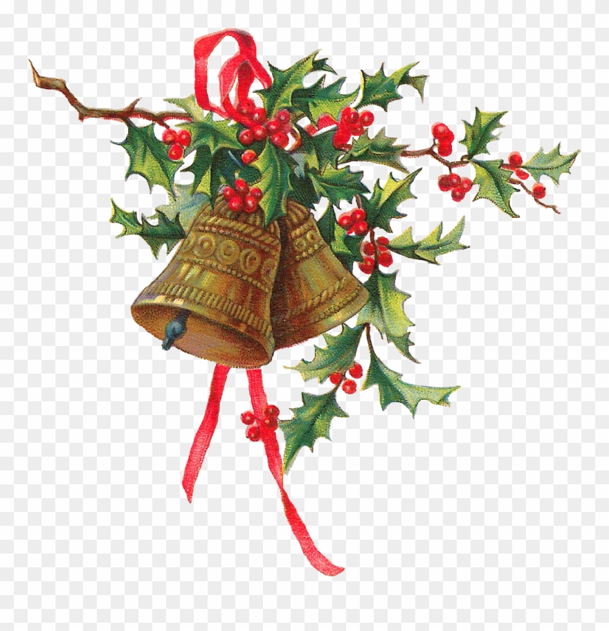 Antique Images Christmas Holly Gold Bells Printable - Christmas Holly With Bells Clipart