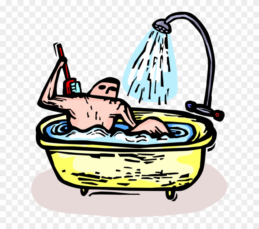 Vector Illustration Of Man Washes Back With Scrub Brush Clipart