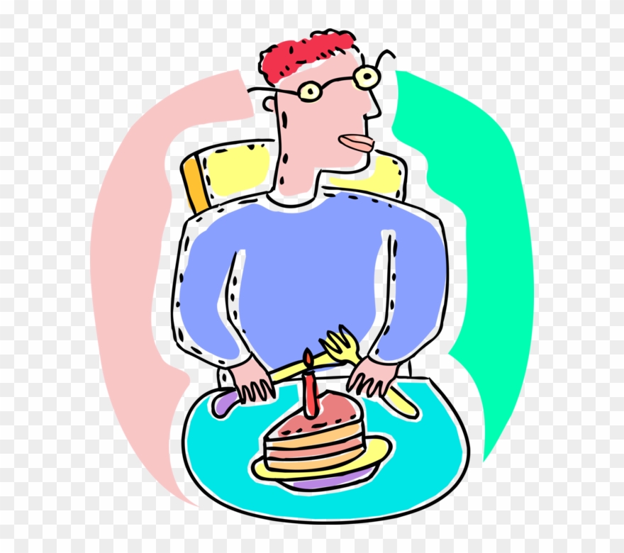Vector Illustration Of Birthday Boy Eats Sweet Dessert Clipart