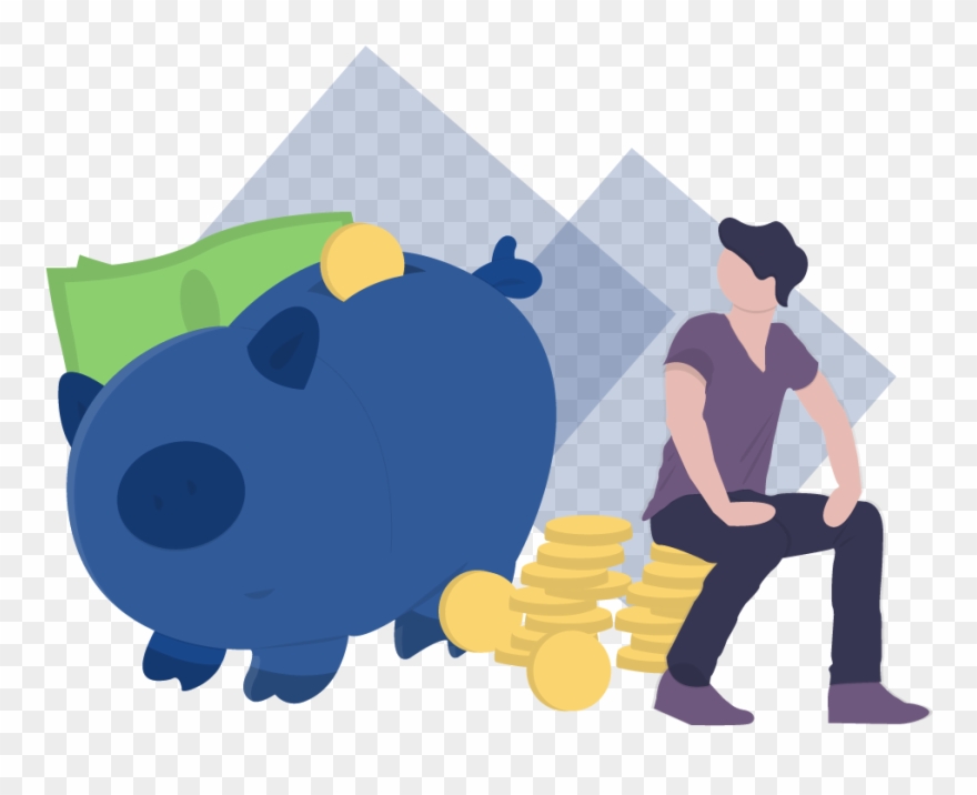 Man Sitting Down And Staring At A Piggy Bank With Money - Saving Clipart