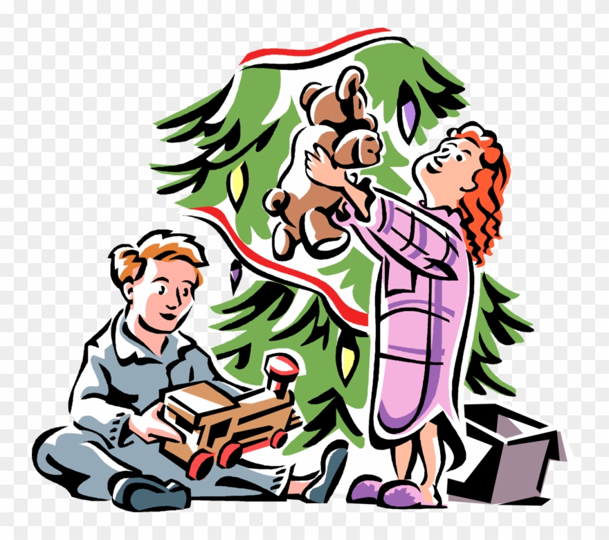 Vector Illustration Of Children Open New Toy Gifts - Cartoon Clipart