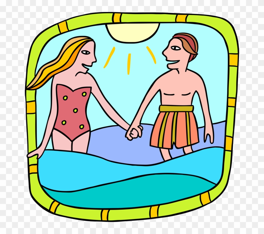 Vector Illustration Of Romantic Couple Hold Hands And - Cartoon Clipart