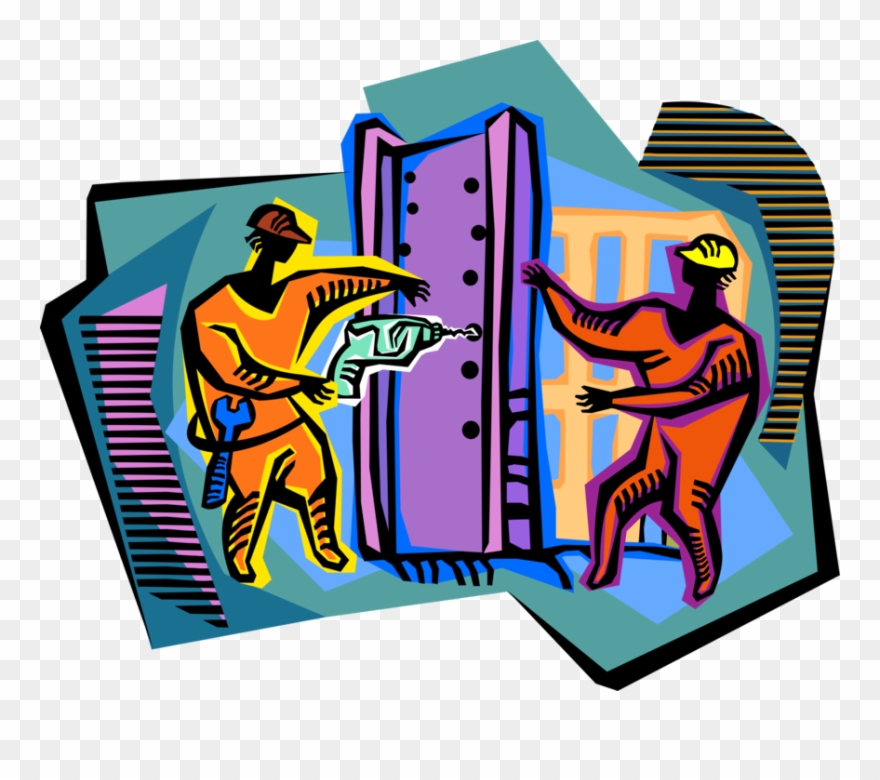 Vector Illustration Of Construction Steel Workers Drill Clipart