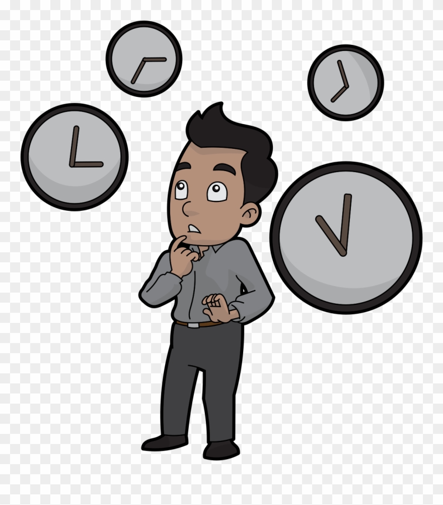 Clueless Cartoon Man Looking At Different Times - Cartoon Clipart