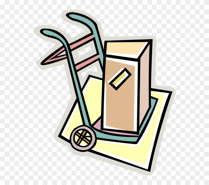 Vector Illustration Of Shipping Box On Dolly Or Handcart Clipart