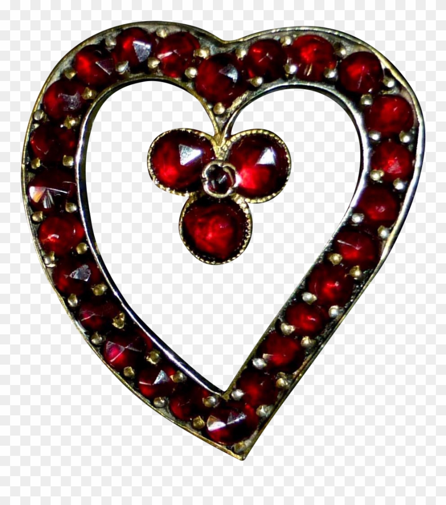 Victorian Rose Cut Garnet Stylized Heart W Small Clover - Heart Clipart