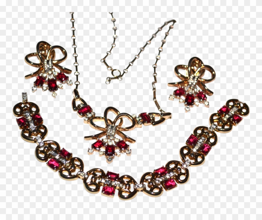 Trifari Red Necklace, Bracelet, Earrings Pat Pend Open - Necklace Clipart