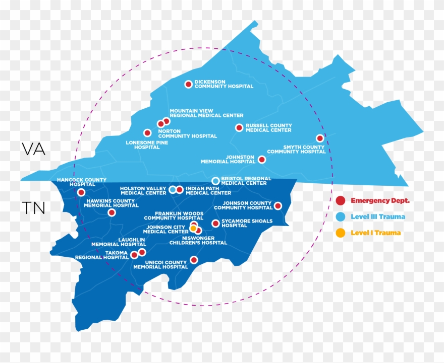 Regional Map Showing Level I Trauma Center In Johnson - Ballad Health Trauma Clipart